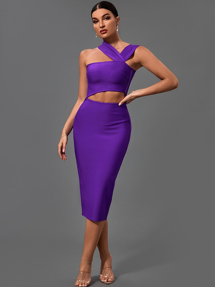 Purple One Shoulder Cut Out Midi Dress