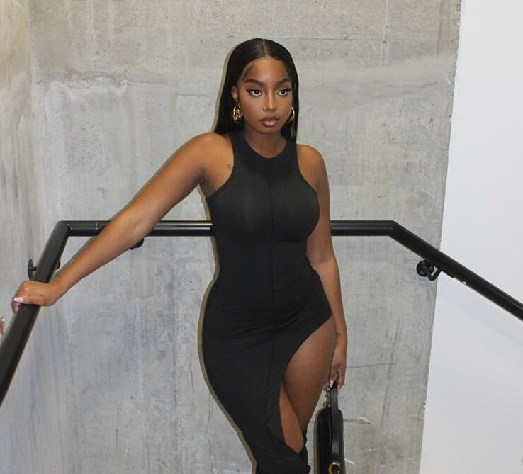 Sue Asymmetrical High Split Midi Dress