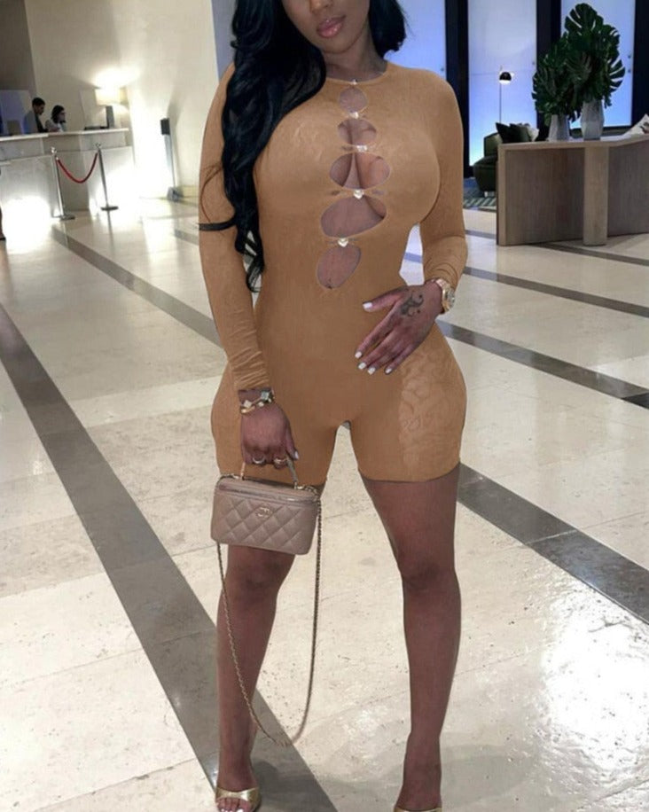 Hollow Out Mesh Long Sleeve Playsuit