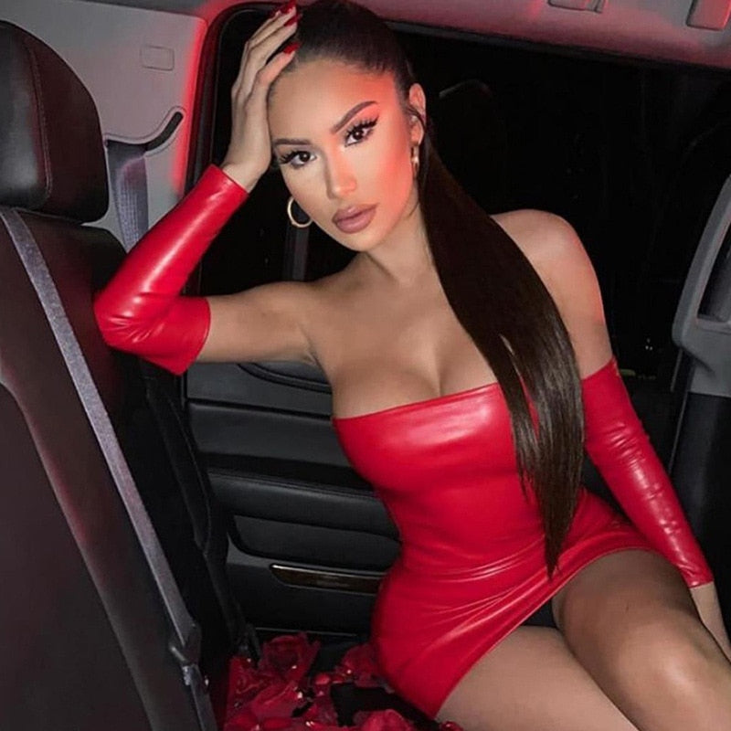 PU Faux Leather Bodycon Mini Dress With Gloves