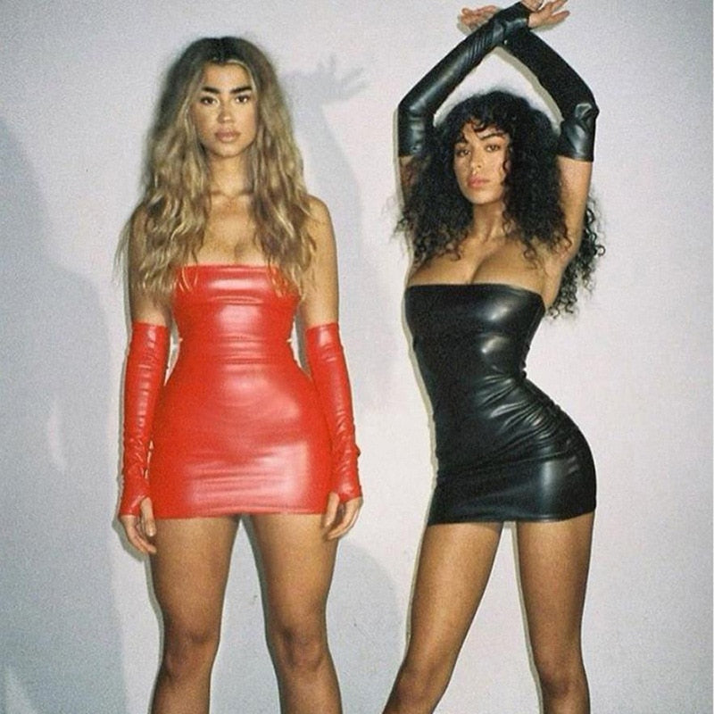 PU Faux Leather Bodycon Mini Dress With Gloves
