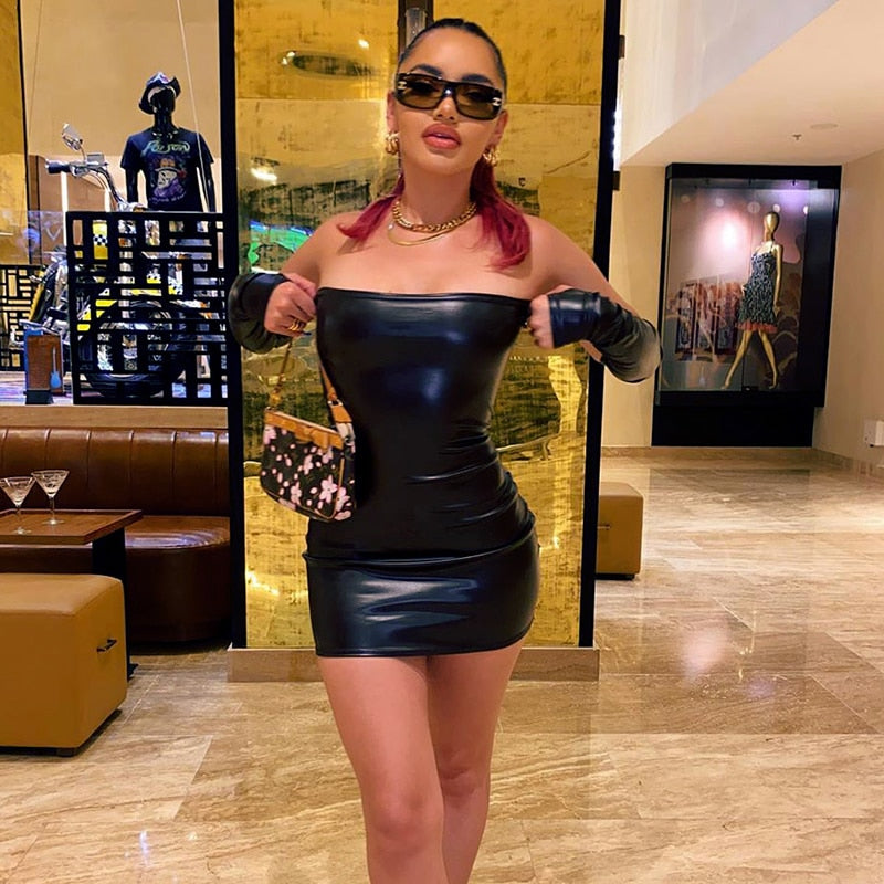 PU Faux Leather Bodycon Mini Dress With Gloves