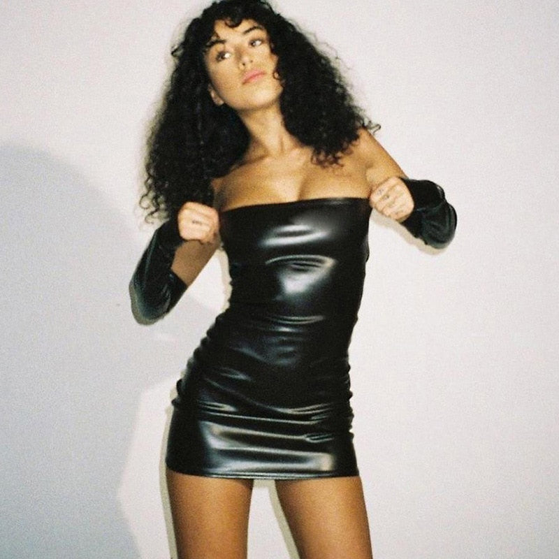 PU Faux Leather Bodycon Mini Dress With Gloves