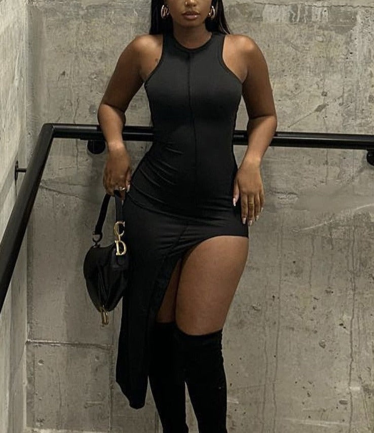 Sue Asymmetrical High Split Midi Dress