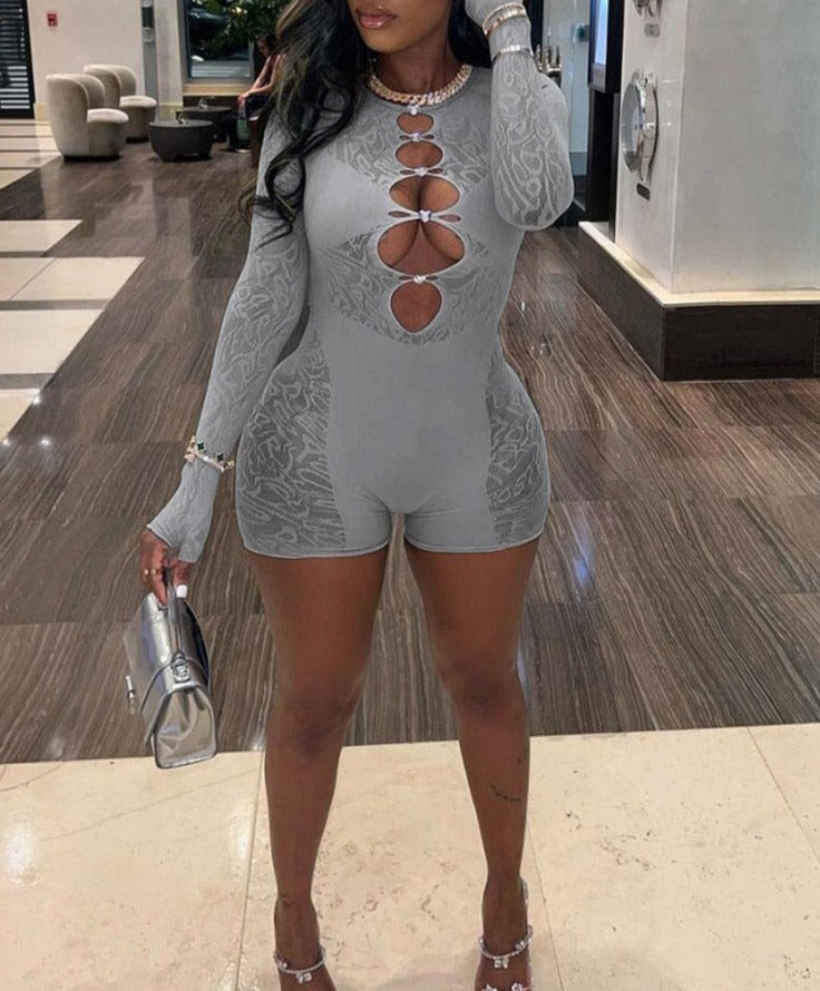 Hollow Out Mesh Long Sleeve Playsuit